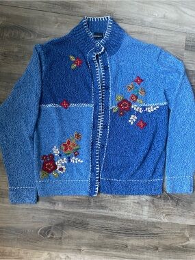 Erika Blue Embroidered Floral Knit Cardigan